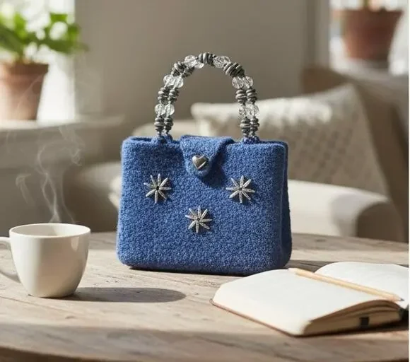 Handmade Alpaca Wool Purse Blue Satchel Bag Silver Accents 10x7.5 Vintage
