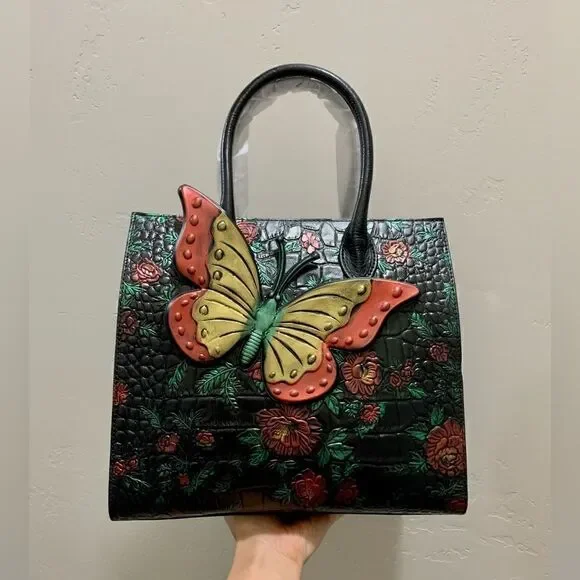Hand Painted Genuine Leather Floral Embossed with 3D Butterfly Handbag