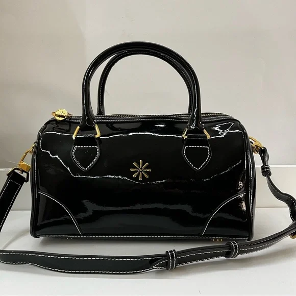 ISAAC MIZRAHI Black Patent Flower Boston Bag Satchel Tote