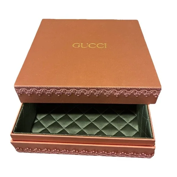 Gucci Gift Box Satin Dusty Rose Green Quilted  Lining 10x10x3.5