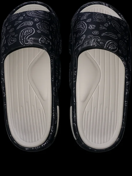 Black Paisley Slide Sandals with Cream Footbed