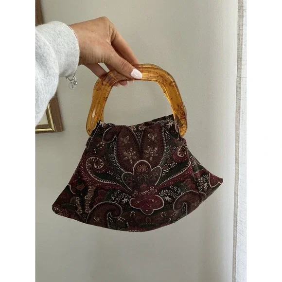 Vintage‎ Handmade Paisley Print Bag With Resin Handles Cloth Handbag Purse