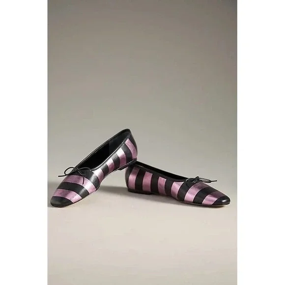 Anthropologie Maeve Square Toe Ballet Flats Pink Black Stripe Leather 10