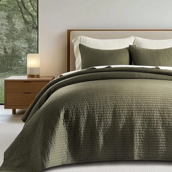 🆕 PB Style Quilt Set Olive Green Sateen Cotton Channel King 3 Piece Bedding NEW