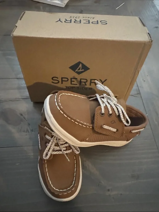 Perfect Sperry Kids Brown Leather Moccasin Boat Shoes White Laces 11