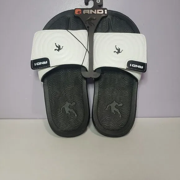 AND1 NWT White Black Men's Unisex Slides Slip On Sandals Sz 8