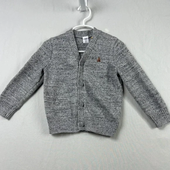 Baby Gap Cardigan Sweater Kids 4T Gray Marl Bear Logo Button Front V-Neck