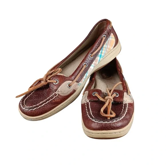 Sperry Top Sider Women Brown Leather‎ Plaid Boat Shoes Loafers Moccasins 8.5M