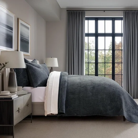 🆕 PB Style Blue Velvet Quilt Set 3 Piece King Stormy Luxe Soft Coverlet NEW NIP