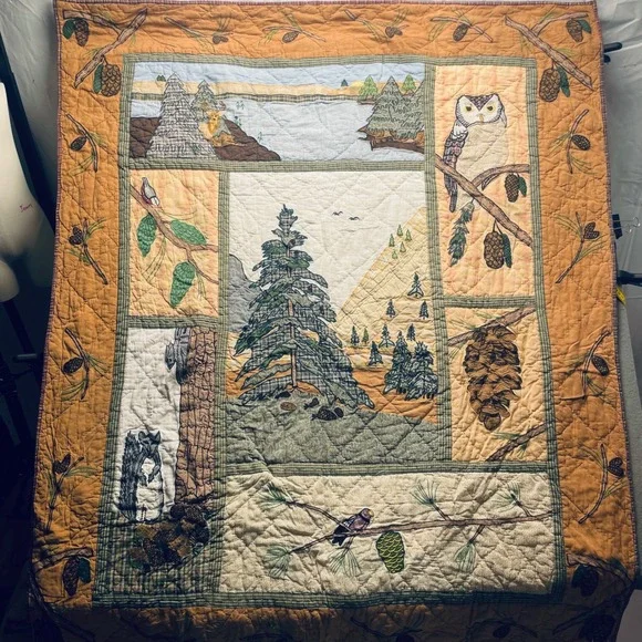 Patch Magic  Quilt Cotton Pinecones Forest Animals 47x58 Rustic Cabin Decor