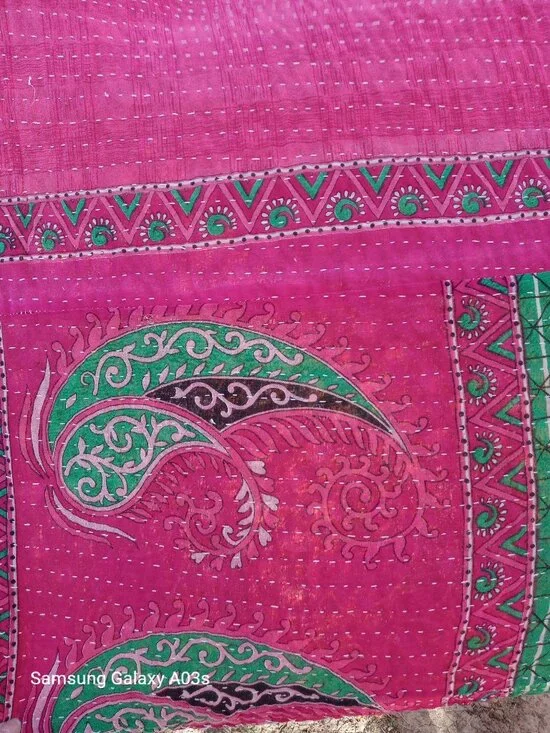 Kantha Quilt Hot Pink Green Premium 3 Layer Cotton Handmade In India K169.