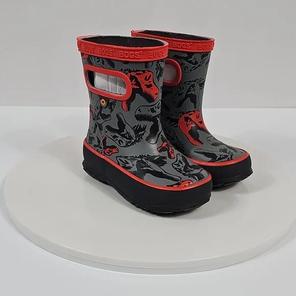 NIB Bogs Kids Skipper Cool Dino Rain Boots Size 5 Red Gray Waterproof Outdoor