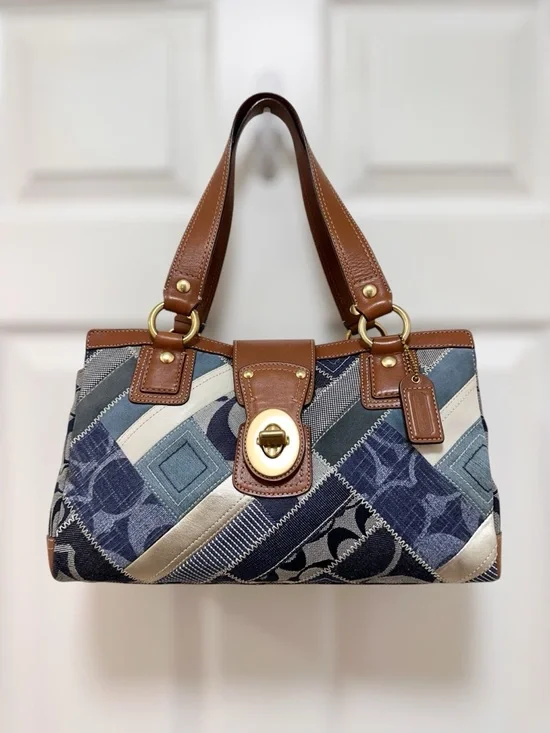 Coach Hamptons Satchel Bag Denim Patchwork Saddle Leather Turnlock