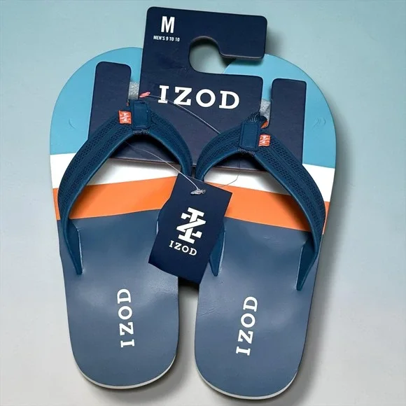 IZOD Mens Flip Flop Sandals Blue Orange White Colorblock Mesh Strap Size‎ M 9-10