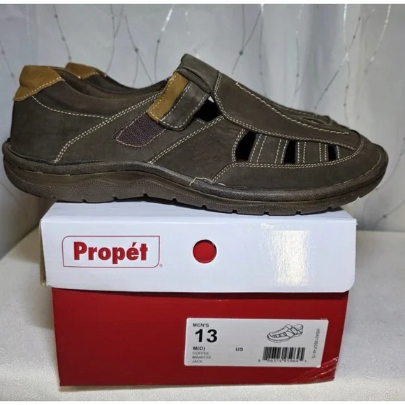 Propet Men's Jack Sandals 13 Brown Leather Orthopedic Fisherman Comfort Walking