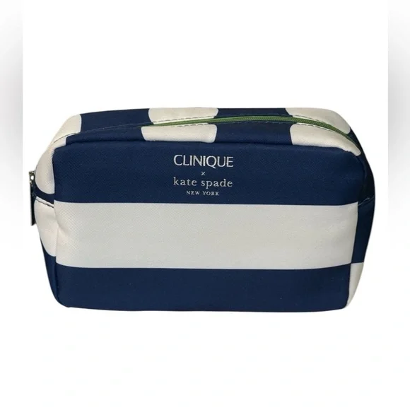 NWOT Clinique X Kate Spade Makeup Bag Navy Blue & White Stripes W/ Dots