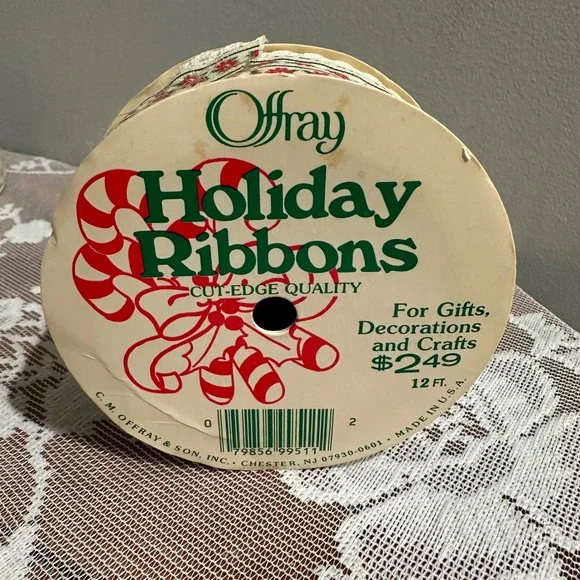 Vintage Offray Holiday Ribbons Poinsettia‎ Lace Trim Christmas Crafts- 12 Foot