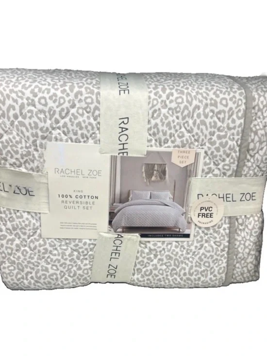 Rachel Zoe King Gray & White Animal Print Cotton Reversible Quilt Set 106”x92”