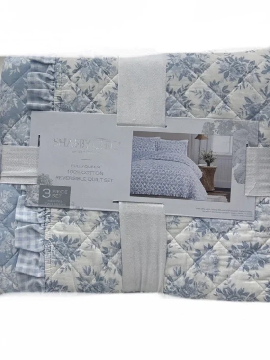 Shabby Chic Blue & White Reversible Floral Queen Cotton Quilt Set 88”x92”