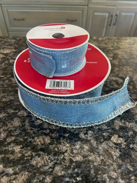 CELEBRATE IT WIRED RIBBON SKY BLIUE W SILVER TRIM LOT OF 2 NWT
