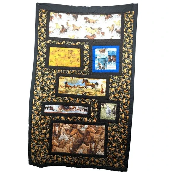 Handmade Wild Horse Patchwork Quilt Western Equestrian Wall Hanging Throw 60x38