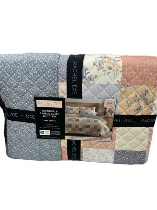 Rachel Zoe Multicolor Cotton Reversible Full/Queen Quilt Set 90”x90”