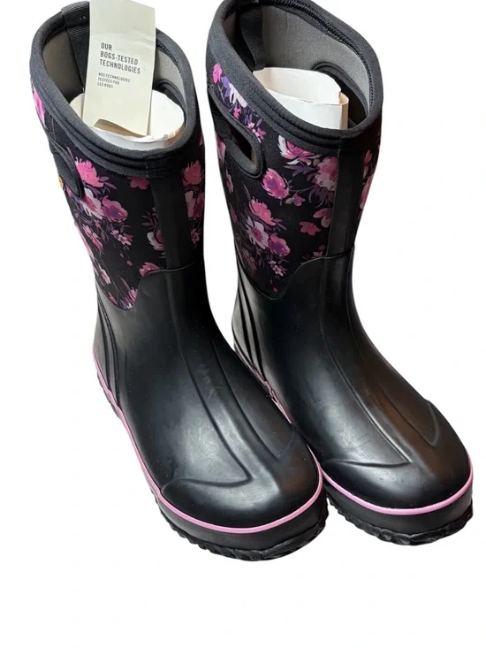 NWT BOGS girls size 6  Black Floral Rain Boots with Pink Accent