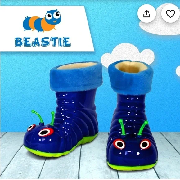 BEASTIE Little Kids Blue/Green Caterpillar Fleece Lined Rain/Snow Boots