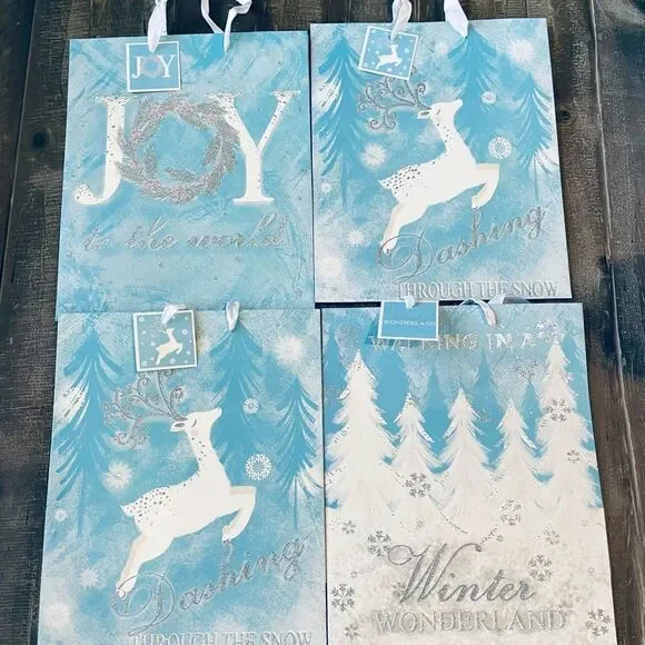 Christmas Winter Reindeer Glitter Gift Bags Set of 4