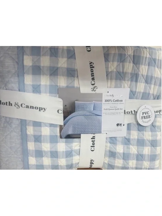 Cloth & Canopy Cotton Reversible Full/Queen Blue and White Quilt Set 88”x92”