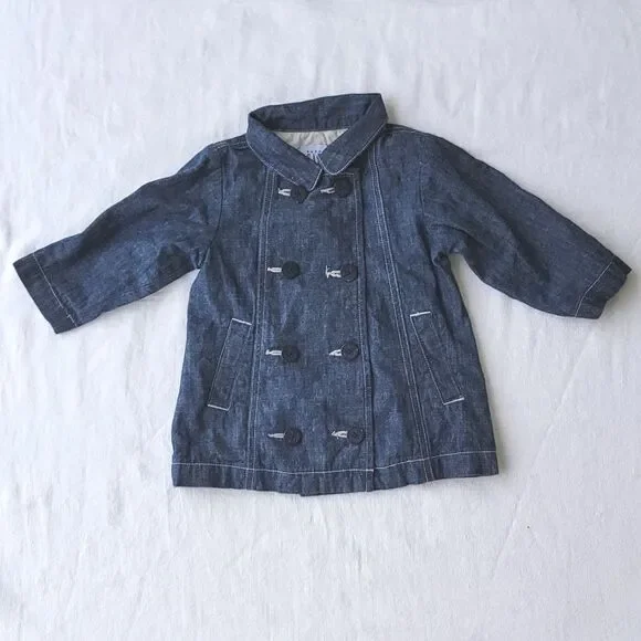 GAP Baby Toddler Denim Lined Nautical Button Pea Coat Size 12-18 Months Large