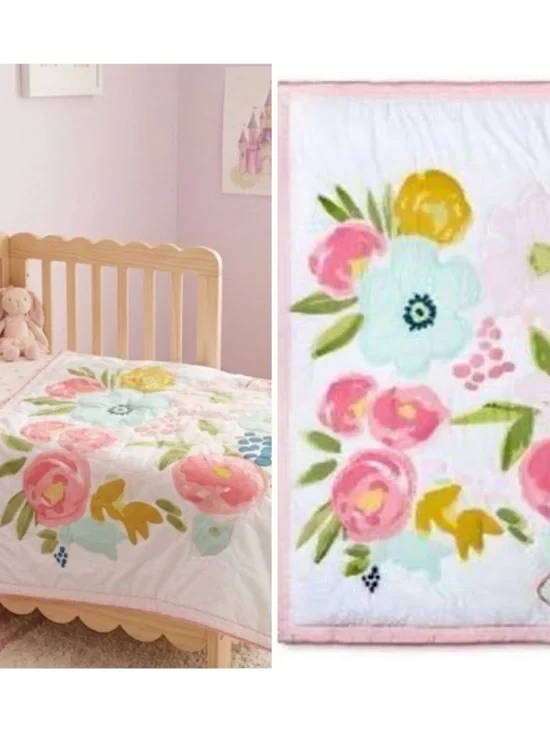 Cloud Island Floral Fields Pink Quilted Crib Comforter Watercolor Bloom 40x31