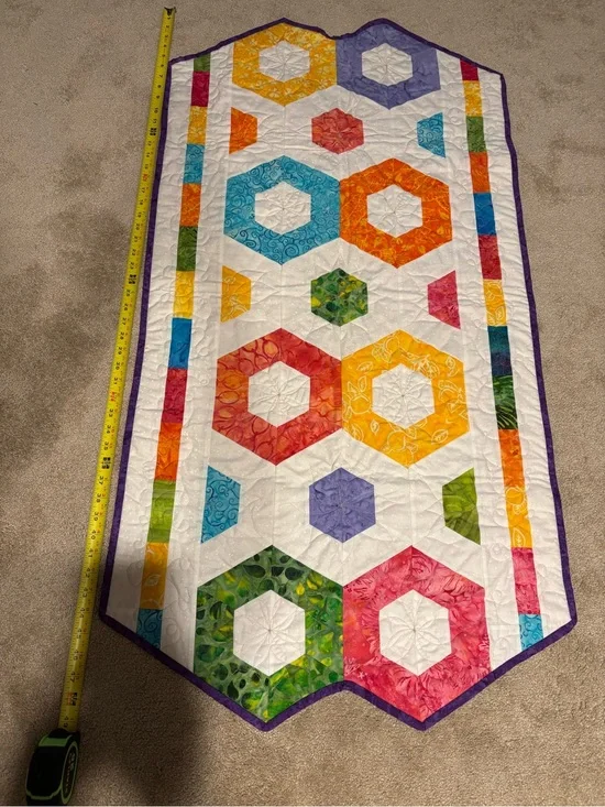 Handmade White Multicolor Hexagon Quilt Table Runner
