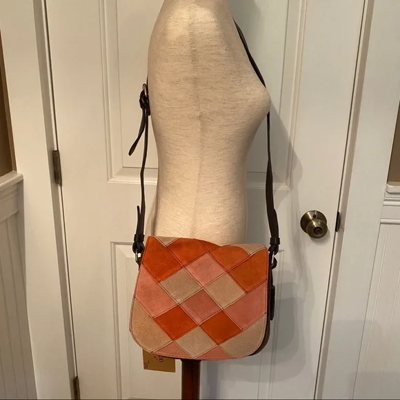 BRAMPTON LONDON BAG SHOULDER NEW SUEDE DIAMOND PATTERN ELA ORANGE BROWN TAN