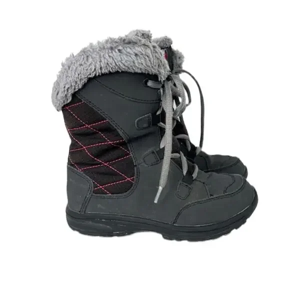 Columbia charcoal gray pink faux fur trim winter lace up ankle snow boots size 1