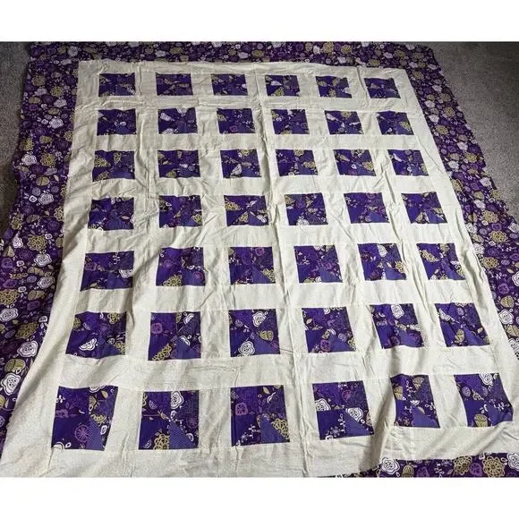 Quilt Top Topper Purple Yellow Patchwork Floral Square Blanket 80 X 71.5in
