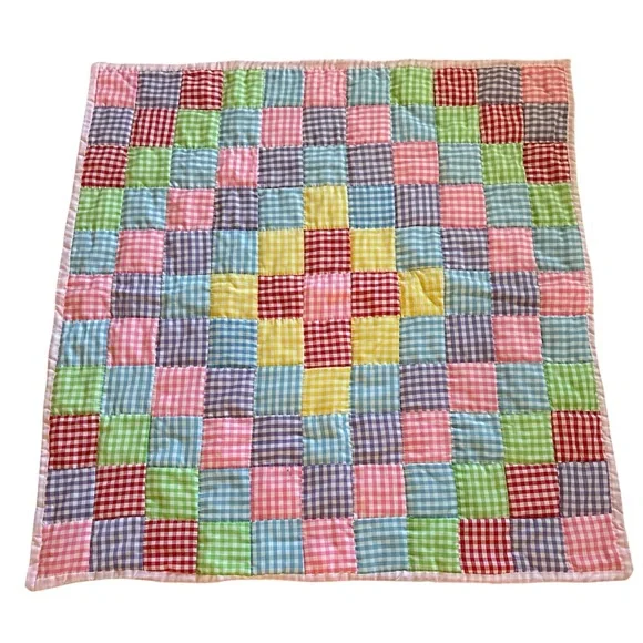 Gingham Patchwork Throw Blanket Pastel Plaid Multicolor 35” x 37” Handmade