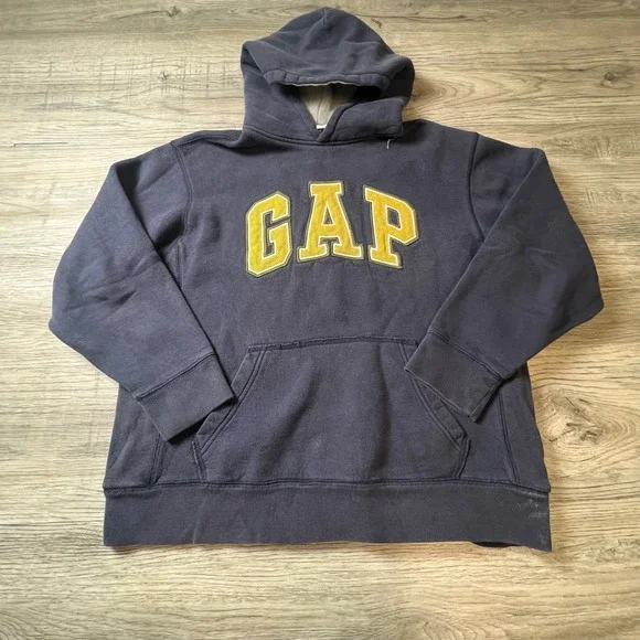 Gap Hoodie Kids XL 12 Navy Blue Yellow Logo Applique‎ Fleece Pullover Sweatshirt