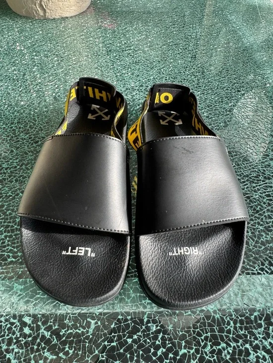 Off-White Black Slides‎ with Yellow Branded Sling 44