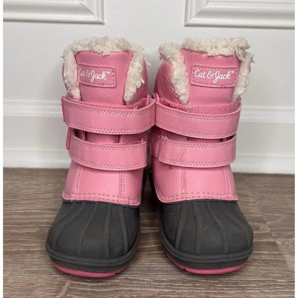 Cat & Jack Girls Pink Black Faux Fur Lined Winter Snow Duck Boots Size 10