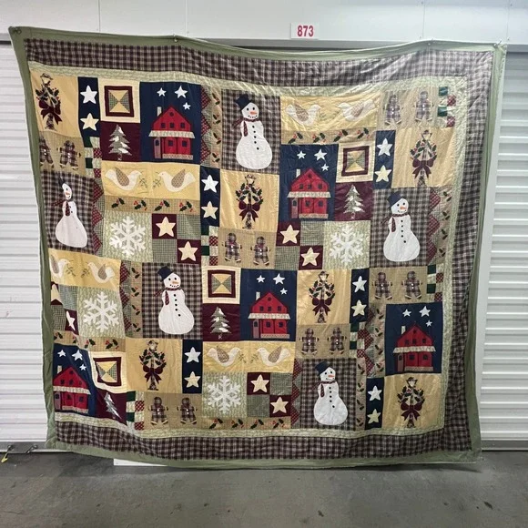 VTG Quilt Christmas Snowman‎ Gingerbread House Full 81x88