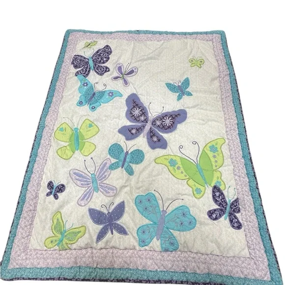 NoJo Butterfly Baby Quilt Purple Teal Appliqué Blanket Crown Crafts vintage‎