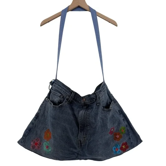 Handmade Levi's Denim Shoulder Bag OOAK Rework Jeans Purse Floral Boho Large 26