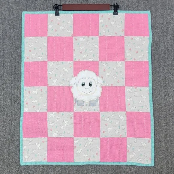 Handmade Quilt Crib Baby Lap Patchwork Blanket Pink Gray W/ Sheep Bunnies 28x24