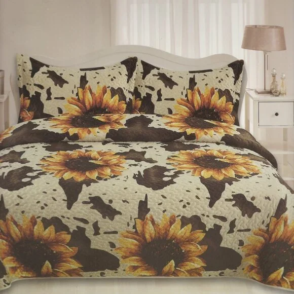 Brown Cow Print & Sunflowers Western Bedding Set Luxury Velvet Oversized 3Pc Set