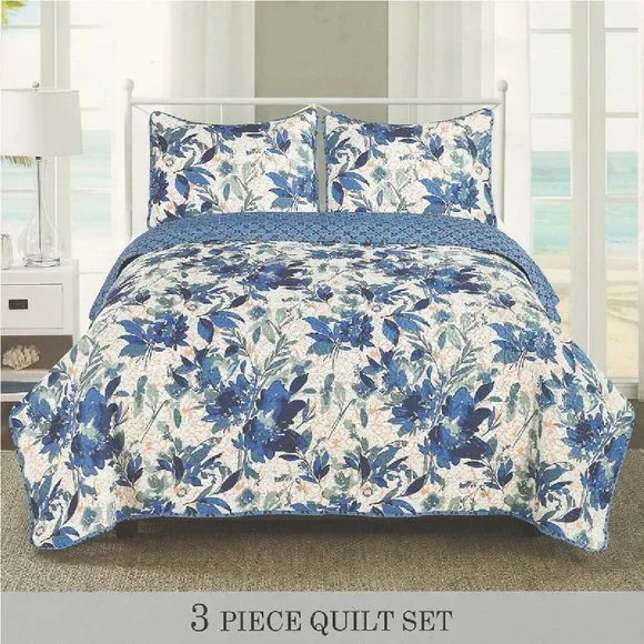 Botanical Print Quilted Bedspread Set - Full/Queen & King Size - 3-PC Set