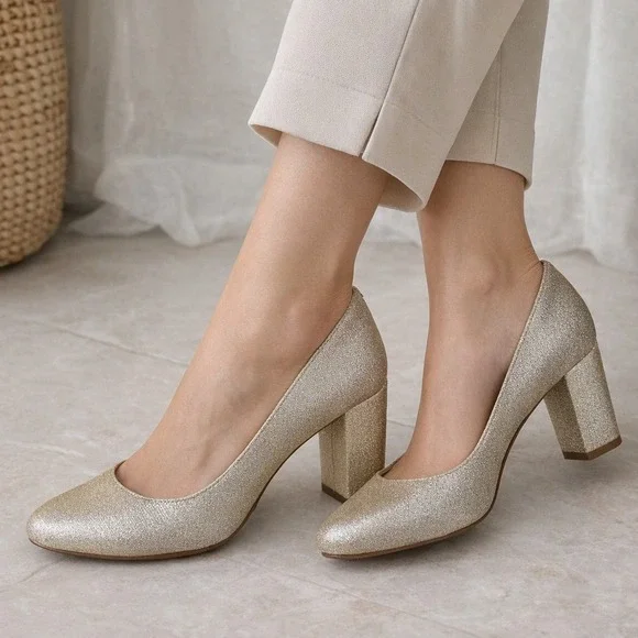 American‎ Glamour Badgley Mischka Pumps Womens 10 Gold Metallic Block Heel