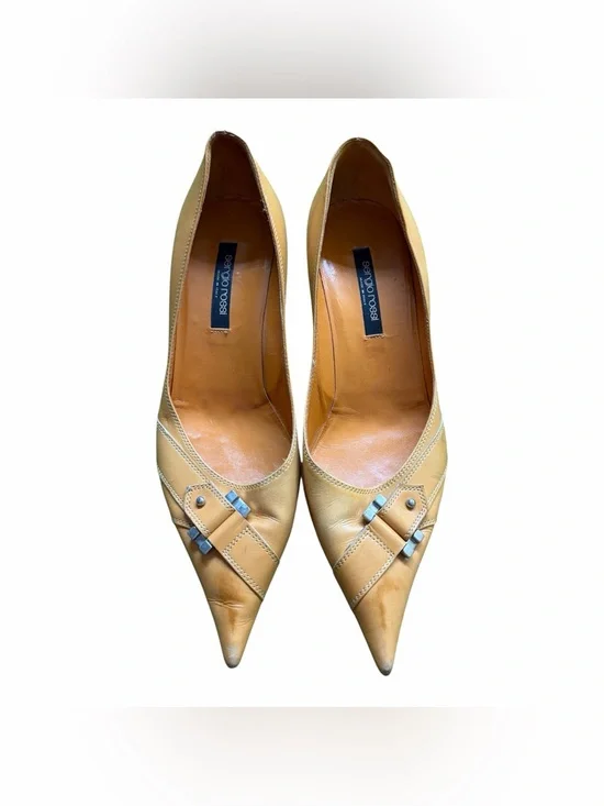 Sergio Rossi Mustard Leather Pointed Toe Pumps with Buckle Accent