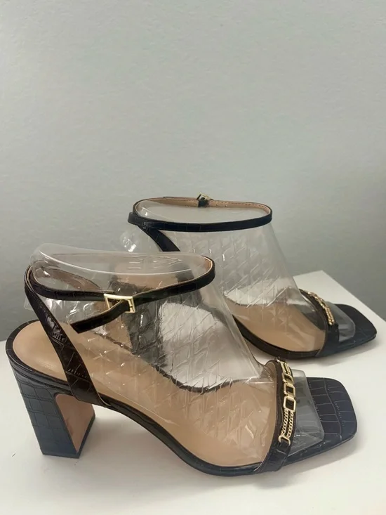 Ann Taylor Buckle Strap Brown Croc Embossed Leather Block Heel Strappy Sandal