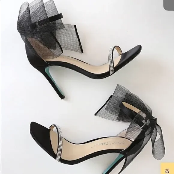 Betsy Johnson SB-Tori Black Satin Rhinestone Bow Ankle Strap